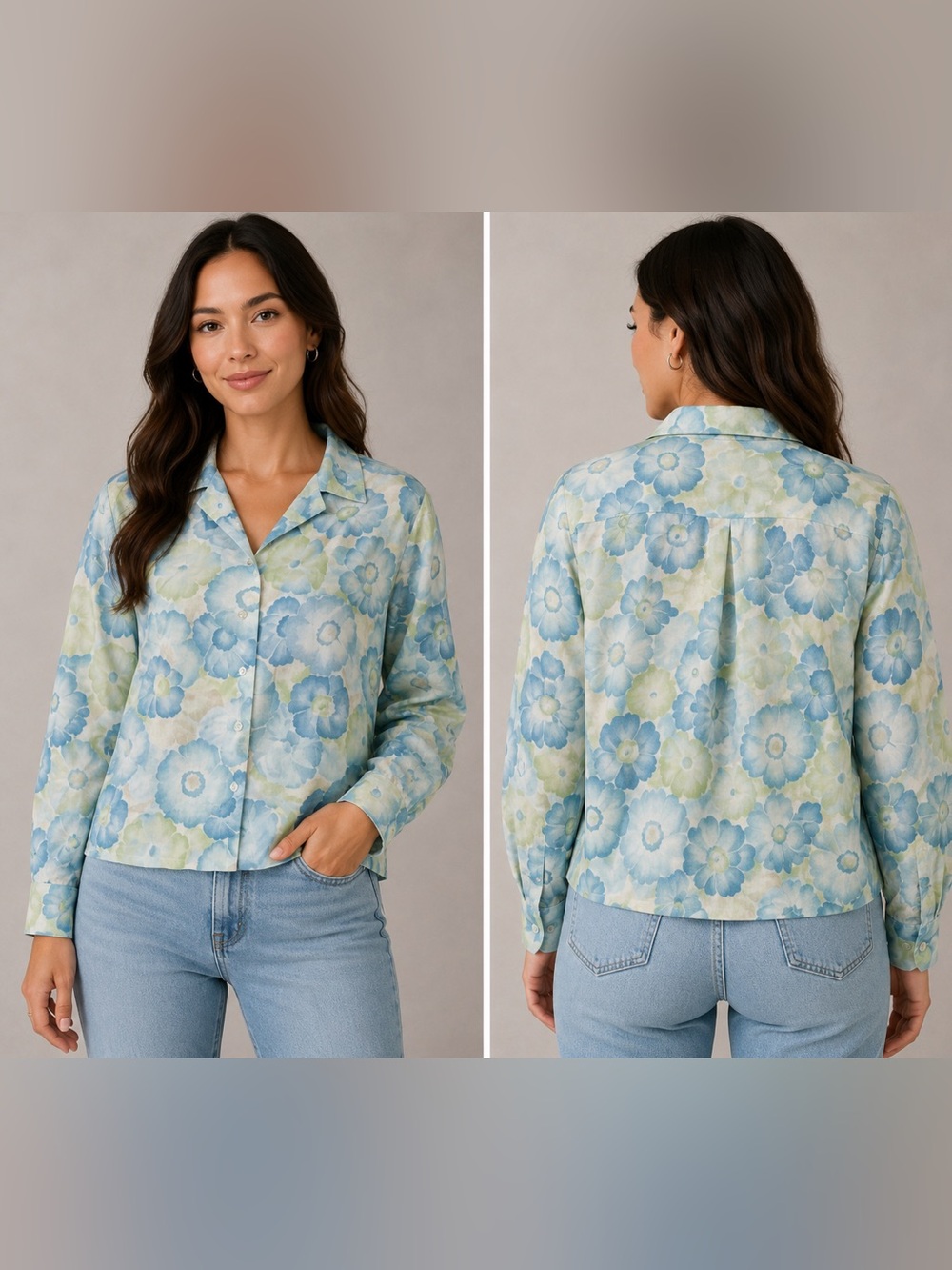 Liz Claiborne LizSport 100% Linen Blue Floral Button Front Shirt Women’s Small